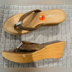 A. Giannetti Brown Braided Wedge Flip Flops with Rhinestone V-Accent